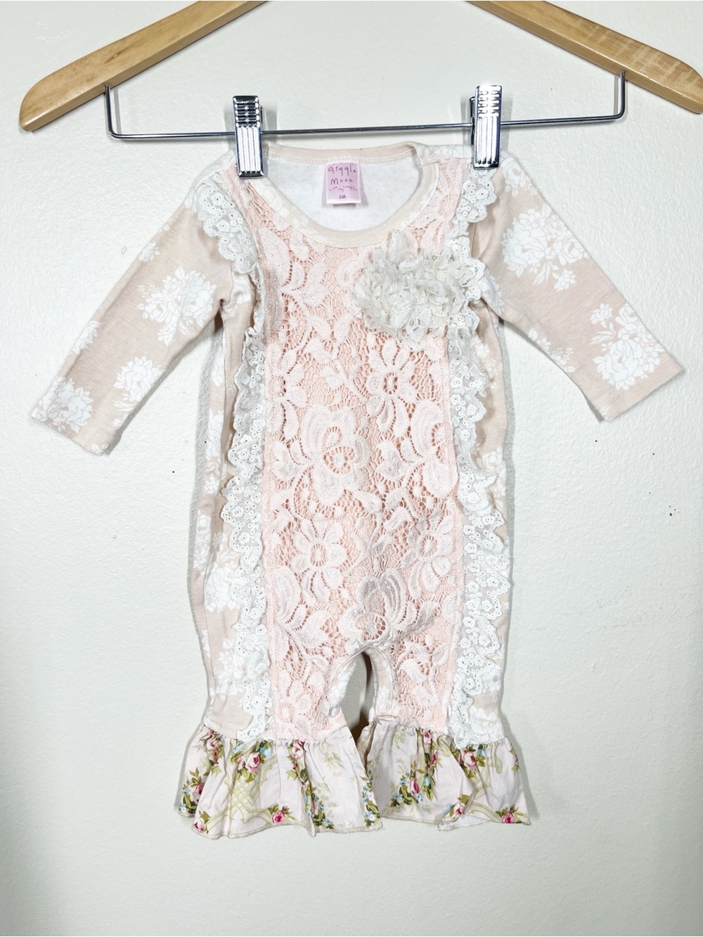 Giggle Moon Pink Lace Floral Ruffle One-Piece Romper Baby Girl Size 3M
